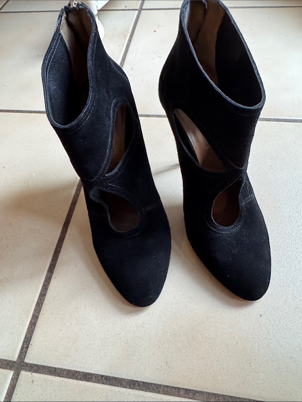 Aquazzura Sexy Thing suede booties  keyhole cutouts and a gold back zipper